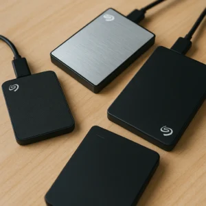 Three Seagate external hard drives displayed on a light wooden surface, featuring the One Touch SSD and two HDD models with distinct finishes and USB 3.0 connections.