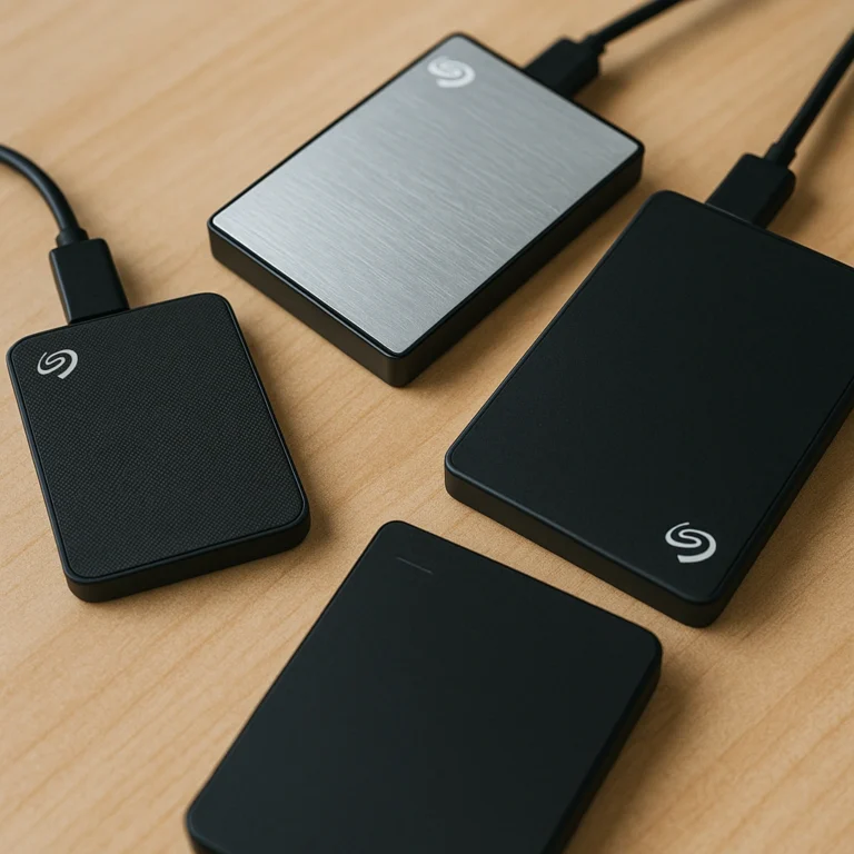 Three Seagate external hard drives displayed on a light wooden surface, featuring the One Touch SSD and two HDD models with distinct finishes and USB 3.0 connections.
