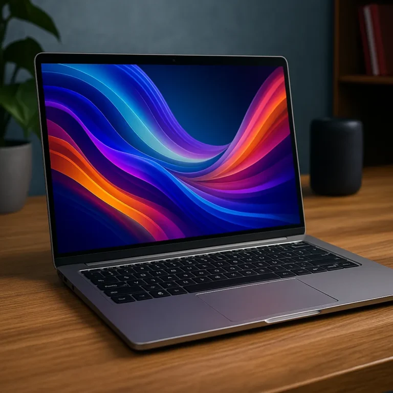 A high-resolution digital photograph showcases a modern KUU laptop on a wooden desk, with a glowing backlit keyboard and colorful screen wallpaper.