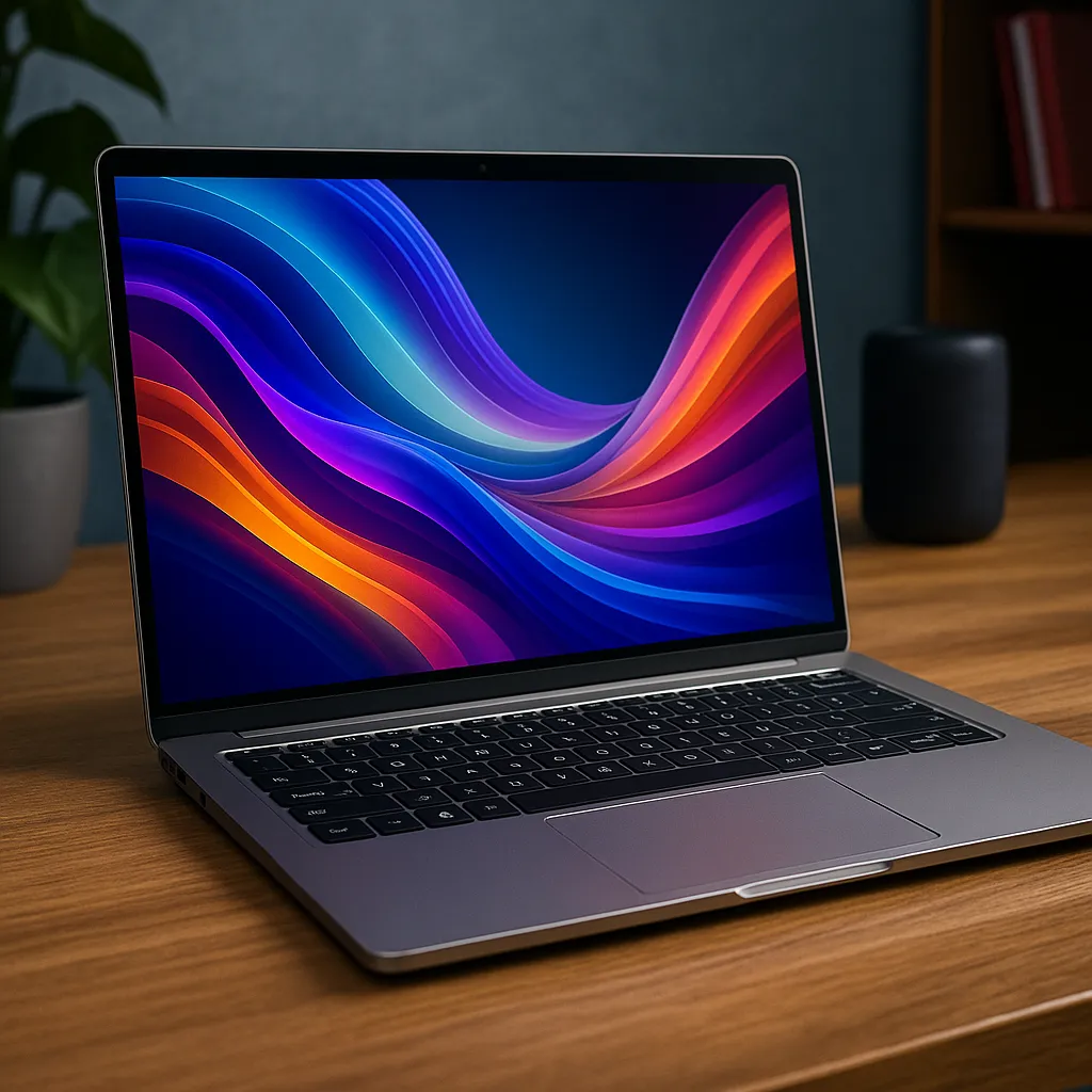 A high-resolution digital photograph showcases a modern KUU laptop on a wooden desk, with a glowing backlit keyboard and colorful screen wallpaper.