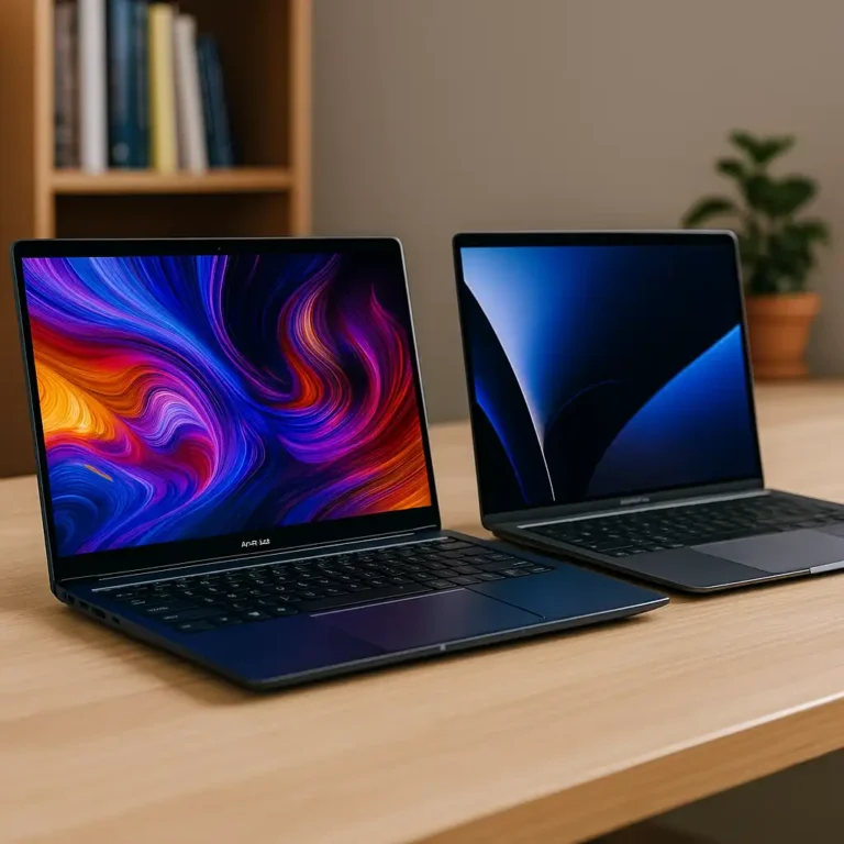 A photograph features two modern laptops side-by-side on a wooden desk—an ASUS ZenBook with a vivid OLED display and an Apple MacBook Air with a sleek, minimal design—set against a soft, natural indoor backdrop.