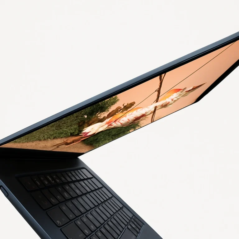 A digital photograph showcases a slim, dark blue laptop partially open with a vibrant display of a person swinging, against a clean white background.