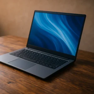 A digital photograph showcases a modern laptop with a 15.6-inch display on a wooden desk, featuring a vivid blue abstract wallpaper and visible ports.
