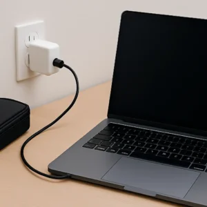 A modern laptop charging on a wooden desk with its power adapter plugged into a wall outlet, showing a realistic everyday workspace setup.