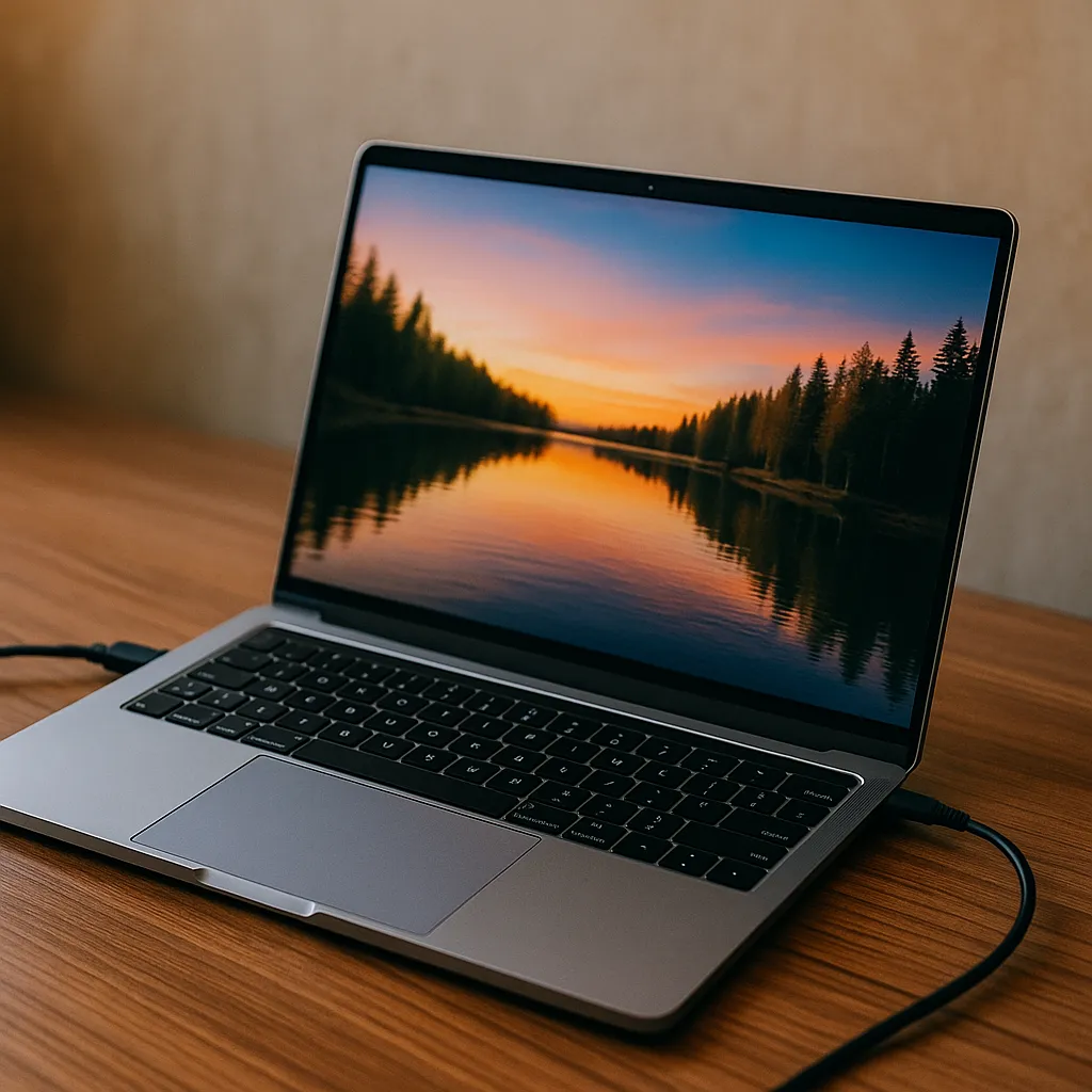 A plugged-in silver laptop on a wooden desk, displaying a vivid sunset over a lake, with soft lighting and a blurred beige background.