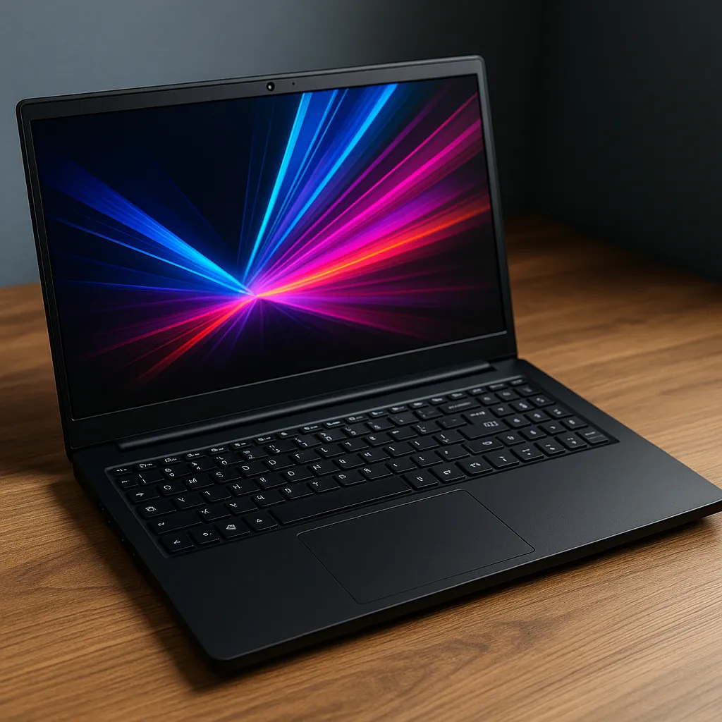 A modern THOMSON laptop on a wooden desk, open and powered on, with a clean, minimalist workspace around it, natural lighting, casual home setup.