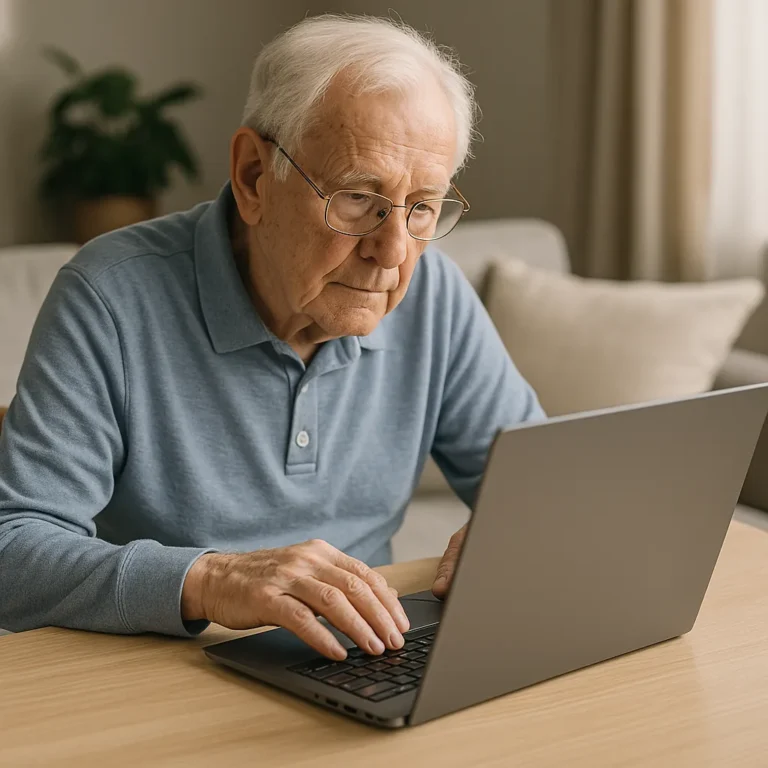 An elderly man using a laptop comfortably at home, seated on a couch with natural light, suggesting ease of use and accessibility for seniors