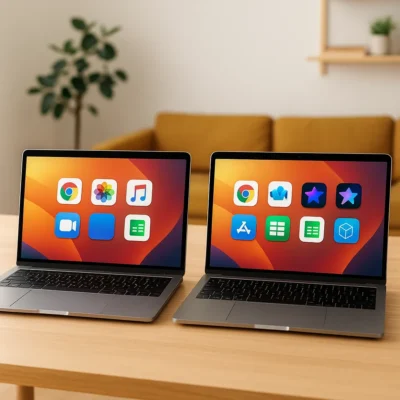 A photograph features two modern laptops of the same brand side by side on a wooden desk, representing a comparison between 6-core and 8-core processors in portable computing.