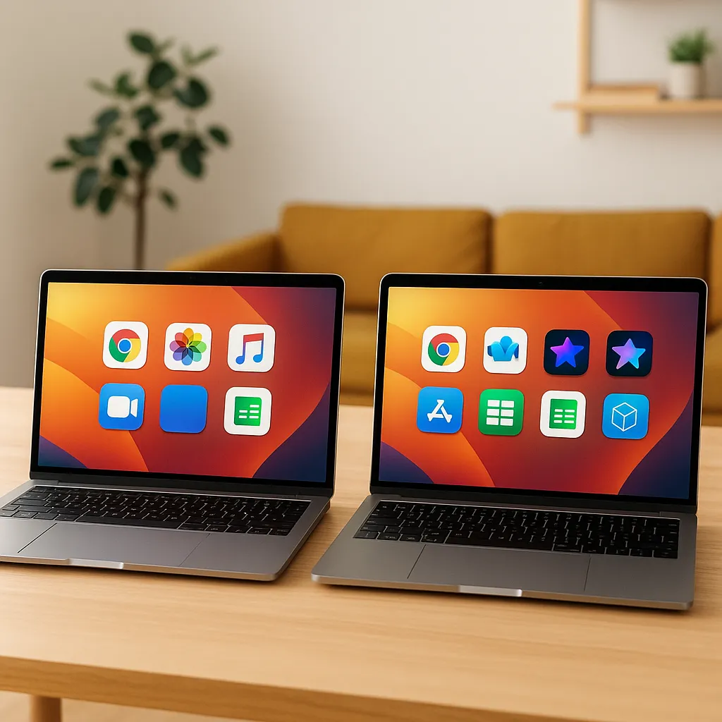 A photograph features two modern laptops of the same brand side by side on a wooden desk, representing a comparison between 6-core and 8-core processors in portable computing.