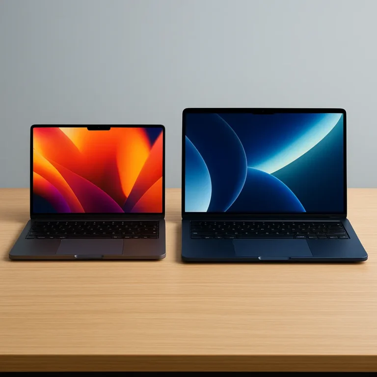 A digital photograph features two Apple MacBook laptops side by side on a light wooden desk. The left shows a 14-inch MacBook Pro in space gray with a bright, colorful display. The right shows a 15-inch MacBook Air in midnight color, open with a vivid abstract wallpaper. Both devices showcase sleek keyboards and thin bezels.