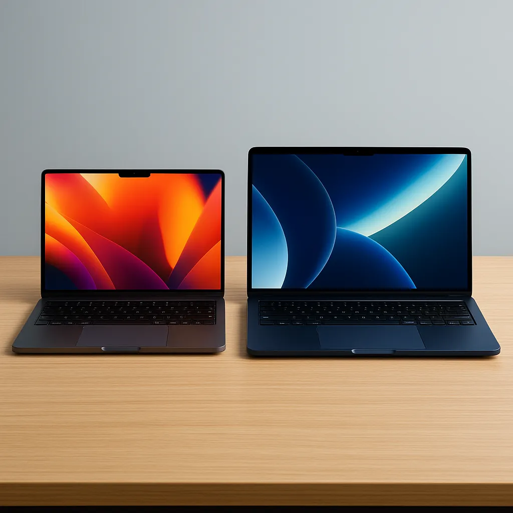 A digital photograph features two Apple MacBook laptops side by side on a light wooden desk. The left shows a 14-inch MacBook Pro in space gray with a bright, colorful display. The right shows a 15-inch MacBook Air in midnight color, open with a vivid abstract wallpaper. Both devices showcase sleek keyboards and thin bezels.