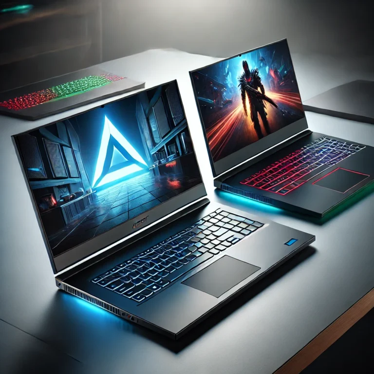 Two modern gaming laptops side by side on a sleek desk, with one displaying a sci-fi image and the other showing a futuristic game scene.