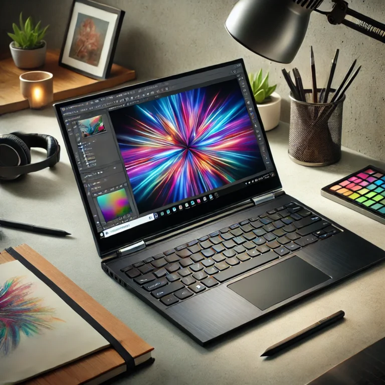 A realistic photo of the Acer ConceptD 3 Ezel convertible laptop in a modern workspace, displayed in drawing mode with a digital art project on screen.