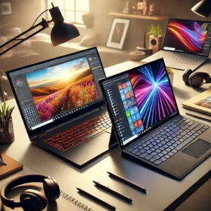 Two laptops side by side on a modern desk: an Acer ConceptD 3 Ezel displaying digital artwork and a Surface Laptop Studio running creative software.