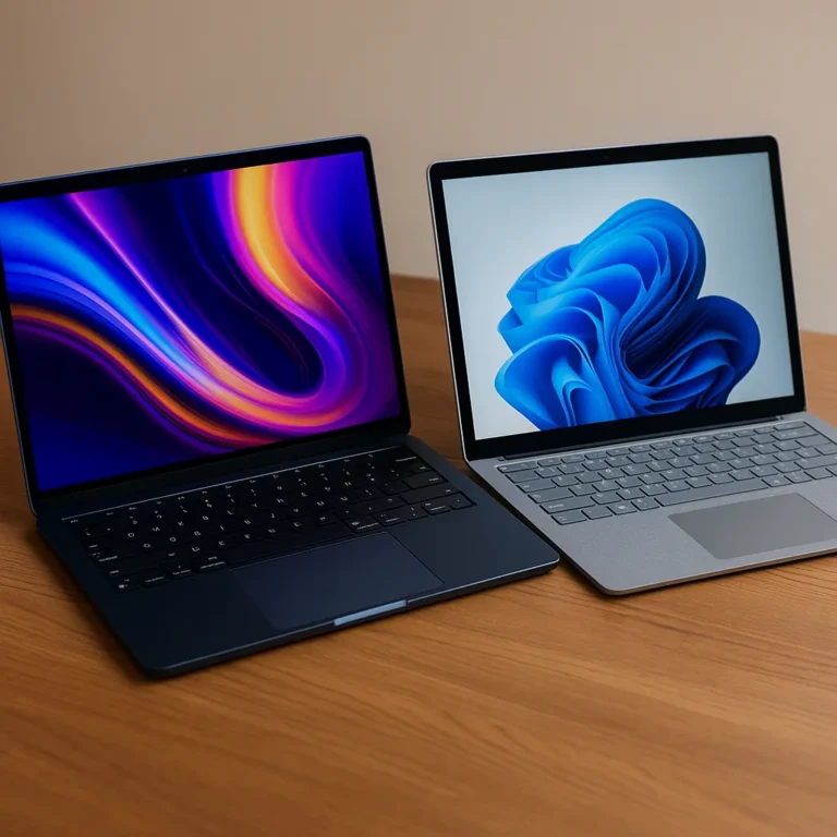 A MacBook Air and Microsoft Surface Laptop side by side on a wooden table, both with bright displays and sleek modern designs.