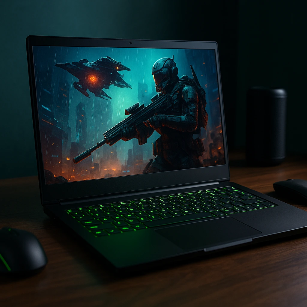 A digital photograph showcases a gaming laptop with green backlit keys displaying futuristic sci-fi art on the screen, placed on a dark wooden desk.