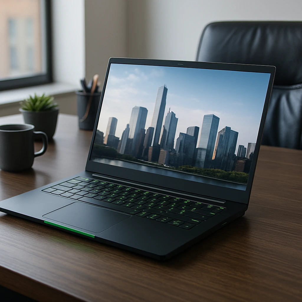 A sleek black laptop with green LED accents on a modern wooden desk, displaying a city skyline, ideal for work and gaming environments.
