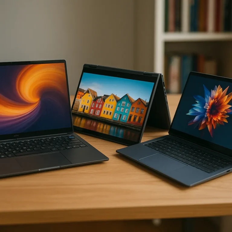 Three 16-inch 2-in-1 convertible laptops displayed on a modern wooden desk, screens angled to showcase touch displays and lightweight designs, natural lighting