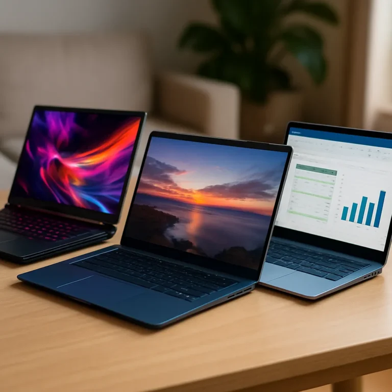 Three modern 16-inch laptops displayed on a wooden table, showing a gaming interface, a sunset wallpaper, and a business chart.