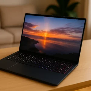 A modern 17-inch laptop with a backlit keyboard, displayed on a wooden desk in a home office setting, screen showing productivity software.