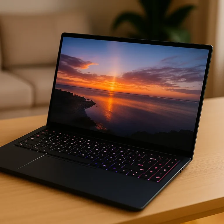 A modern 17-inch laptop with a backlit keyboard, displayed on a wooden desk in a home office setting, screen showing productivity software.
