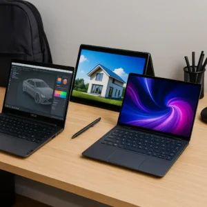 A desk setup featuring three 2-in-1 laptops, each displaying different visuals—3D modeling software, a rendered house, and an abstract design—showcasing performance for creative tasks.