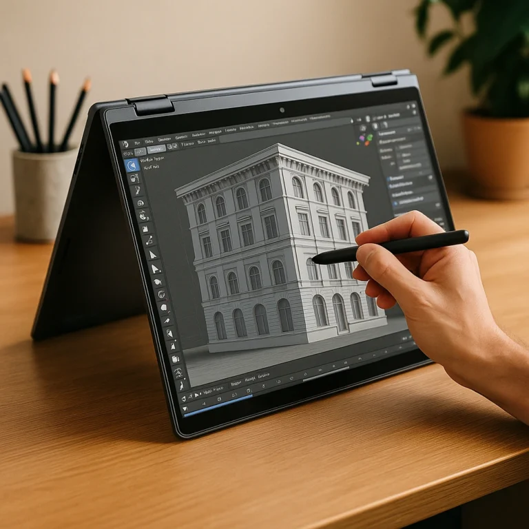 A modern 2-in-1 convertible laptop open on a wooden desk, featuring a bright 3D modeling design on the touchscreen display, with stylus and accessories nearby.