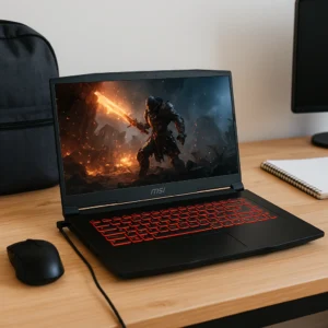 An affordable MSI gaming laptop with a red backlit keyboard on a wooden desk, running a high-action video game scene.