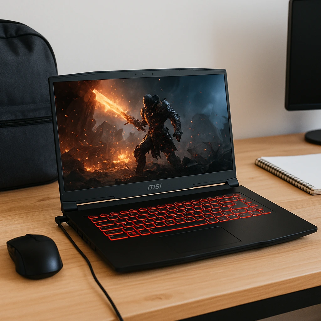 An affordable MSI gaming laptop with a red backlit keyboard on a wooden desk, running a high-action video game scene.