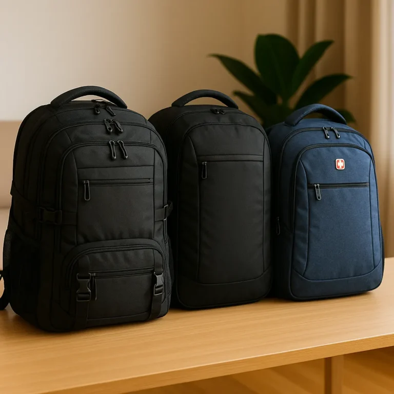 Three large backpacks designed for 18-inch laptops displayed on a wooden table, highlighting their durable build and spacious compartments.