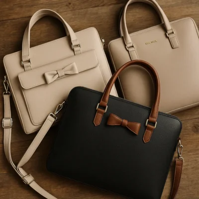 A photograph showcases three women's laptop bags on a wooden surface, including a structured tote, a convertible backpack, and a sleek shoulder bag, all styled for professional or travel use.