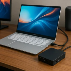 A high-quality digital photograph showcases a silver LG Gram laptop connected to a black docking station on a wooden desk, with a secondary monitor and speaker in the background.