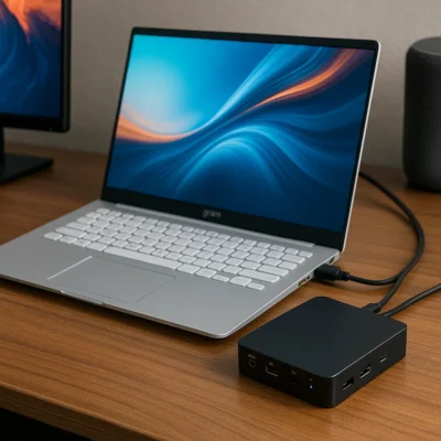 A high-quality digital photograph showcases a silver LG Gram laptop connected to a black docking station on a wooden desk, with a secondary monitor and speaker in the background.