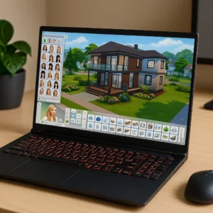 A gaming laptop displaying The Sims 4 with custom mods and UI, featuring a detailed virtual house on screen, placed on a wooden desk in natural light.