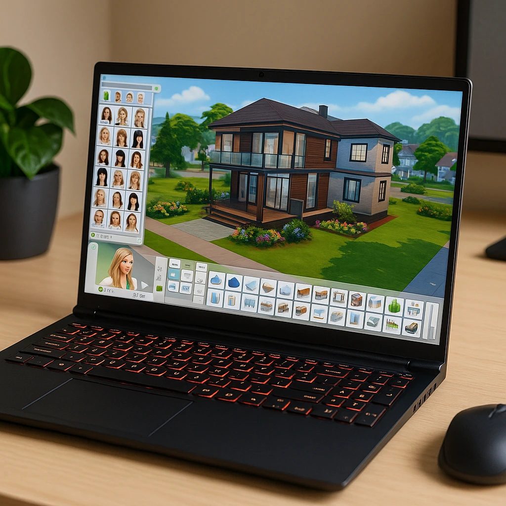 A gaming laptop displaying The Sims 4 with custom mods and UI, featuring a detailed virtual house on screen, placed on a wooden desk in natural light.