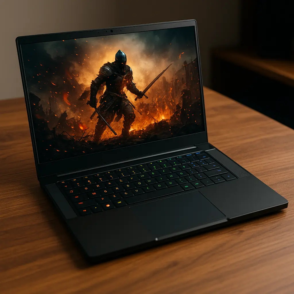 A high-resolution digital photograph showcases a Razer Blade 14 gaming laptop on a wooden desk, with its RGB keyboard lit and the screen displaying a vivid twilight mountain scene.