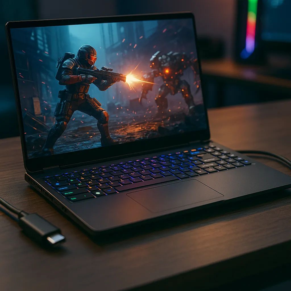 A photograph showcases a gaming laptop with Thunderbolt 4, featuring an RGB keyboard and a vivid sci-fi game scene on screen, placed on a wooden desk with a connected Thunderbolt cable.