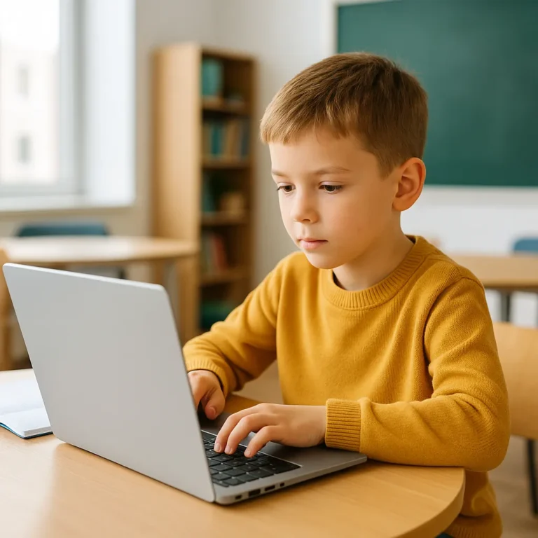 A young boy in a classroom focuses intently while using a silver HP laptop at a wooden table, with bookshelves and a chalkboard in the background.