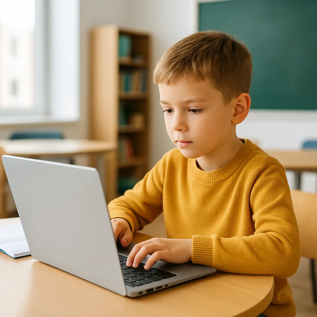 A young boy in a classroom focuses intently while using a silver HP laptop at a wooden table, with bookshelves and a chalkboard in the background.