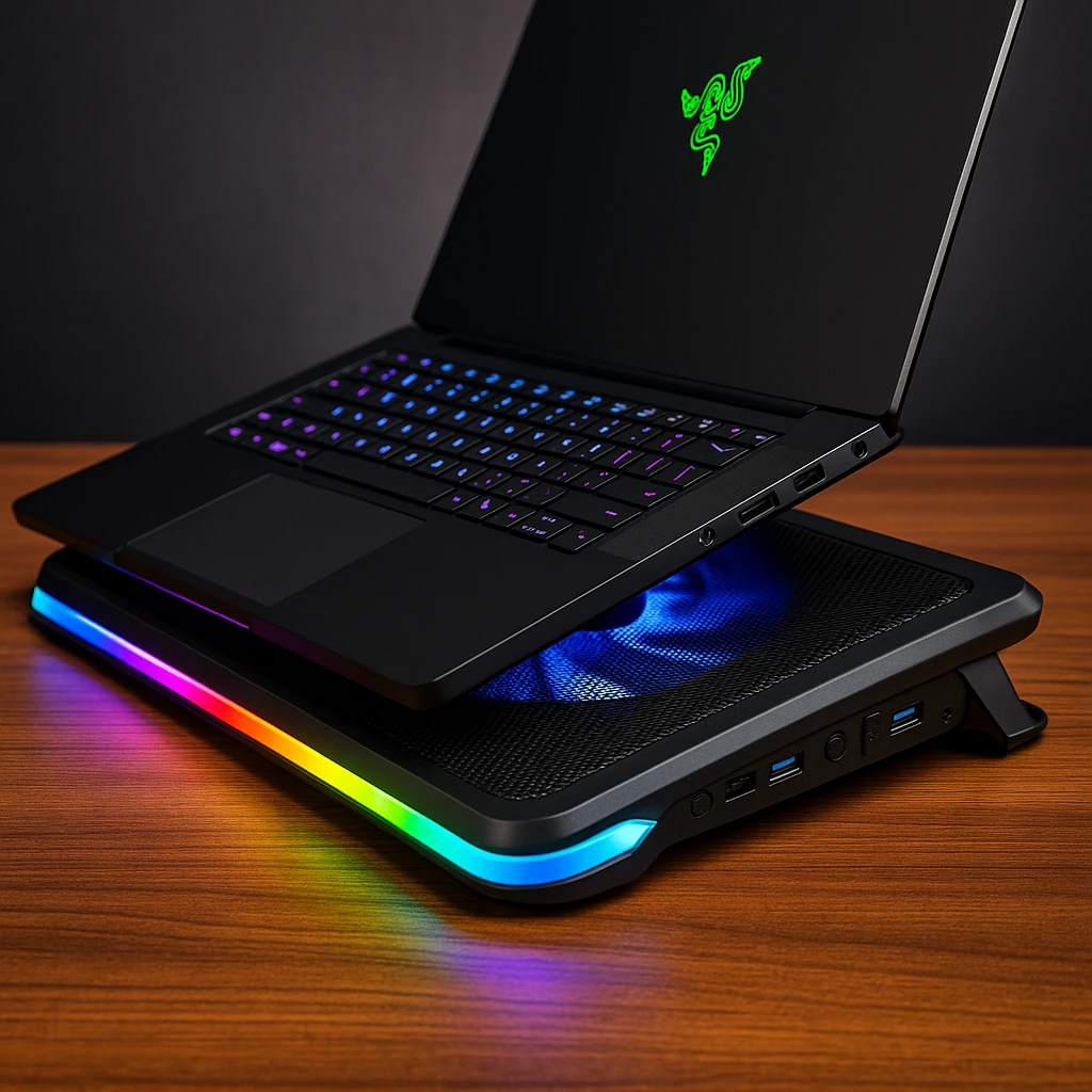 A Razer Blade laptop resting on a colorful RGB cooling pad with a large blue-lit fan, placed on a wooden desk in a dark environment.