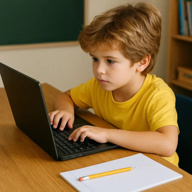 A young child using a kid-friendly laptop at a wooden desk, natural lighting and simple background, suggesting a schoolwork or homework setting.