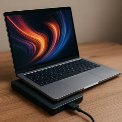 A digital photograph showcases an open modern laptop with a vivid display, resting on a black external hard drive on a wooden desk.
