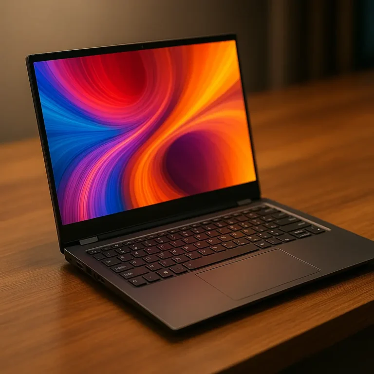 Three modern laptops displayed side-by-side on a wooden desk, each showcasing bright, vivid displays and slim, professional designs.