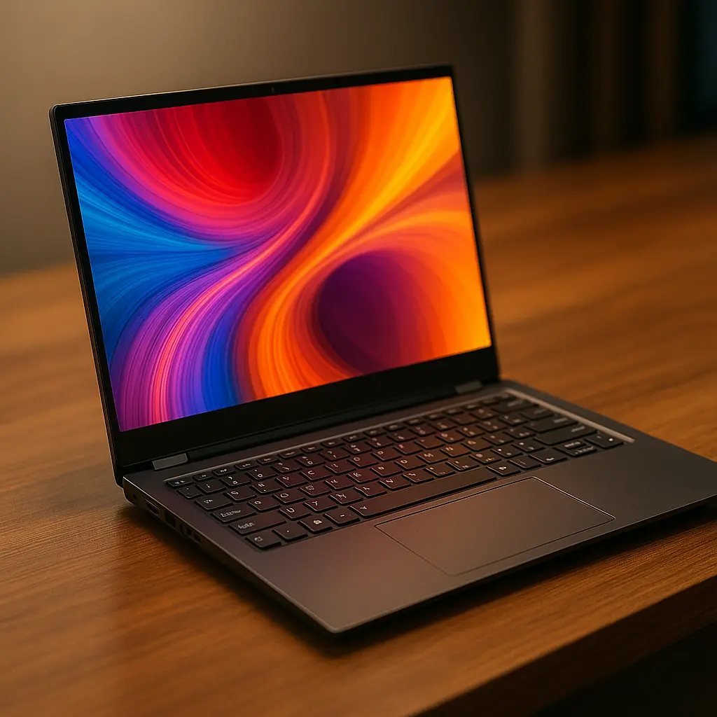 Three modern laptops displayed side-by-side on a wooden desk, each showcasing bright, vivid displays and slim, professional designs.