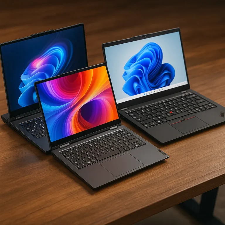 Three Lenovo laptops (Legion, Yoga, and ThinkPad) displayed on a wooden table, each showing vibrant screens and sleek designs.