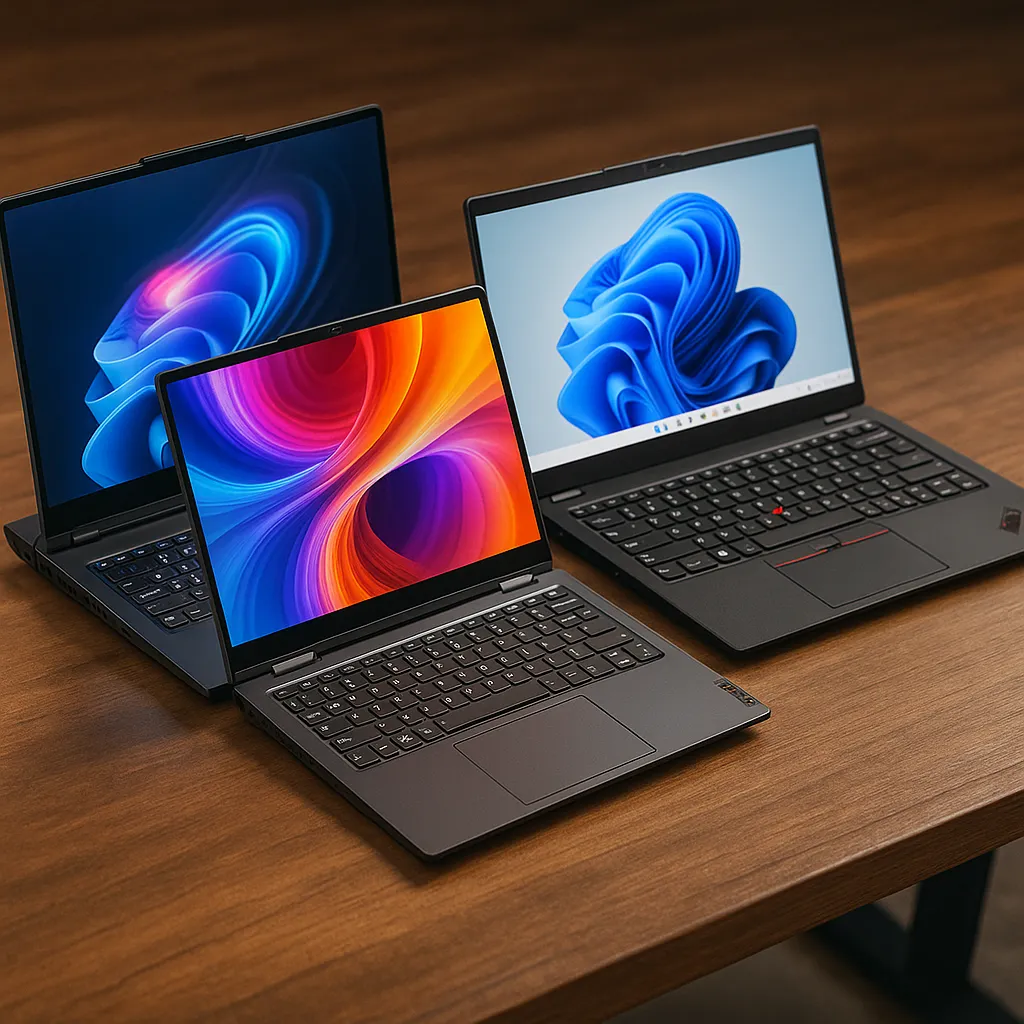 Three Lenovo laptops (Legion, Yoga, and ThinkPad) displayed on a wooden table, each showing vibrant screens and sleek designs.