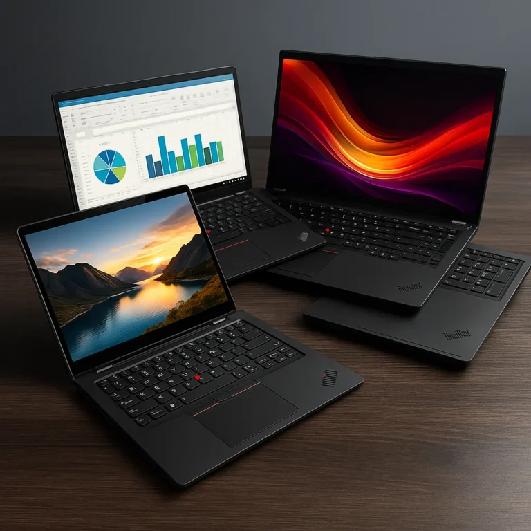 Three Lenovo ThinkPad laptops positioned on a dark wood desk, each open with different screens: a vivid landscape, colorful waves, and a spreadsheet.