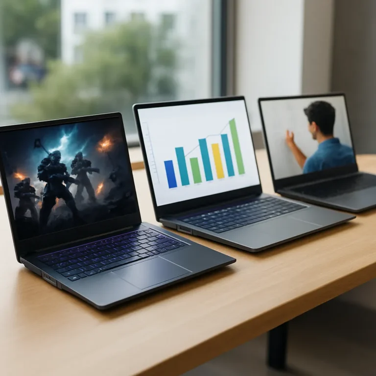 A high-resolution digital photograph showcases three modern laptops side by side on a light wooden desk; the left screen displays a sci-fi game scene, the middle one shows a colorful bar chart, and the right one features a student writing on a whiteboard. A blurred urban window view is in the background.
