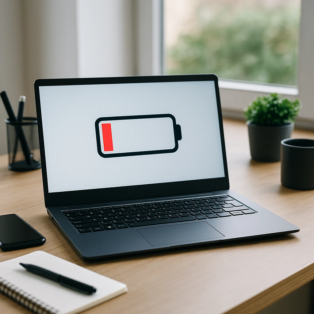 A laptop with a low battery warning icon on screen sits on a clean wooden desk, surrounded by a notebook, pen, phone, mug, and potted plant in a well-lit home office.