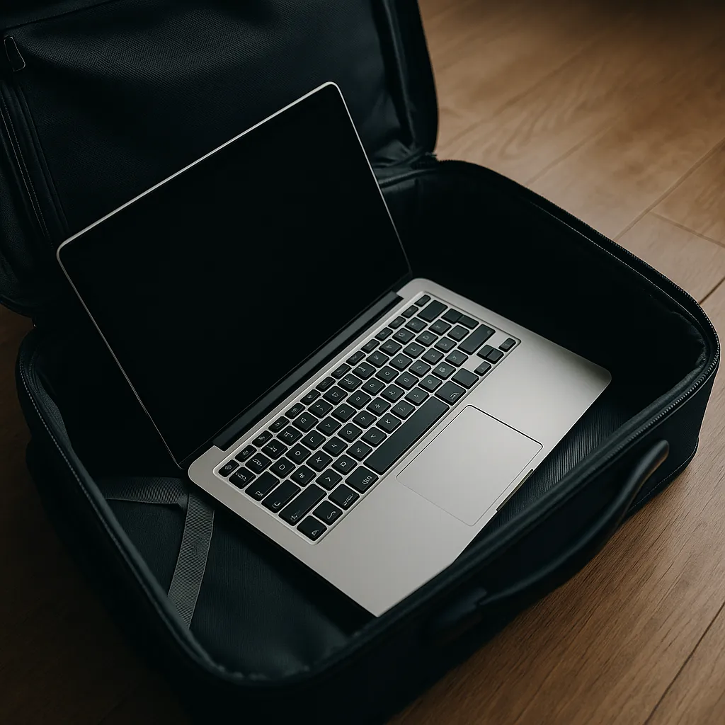 A photograph captures an open silver laptop placed inside a black suitcase on a wooden floor, with soft lighting and visible suitcase straps.